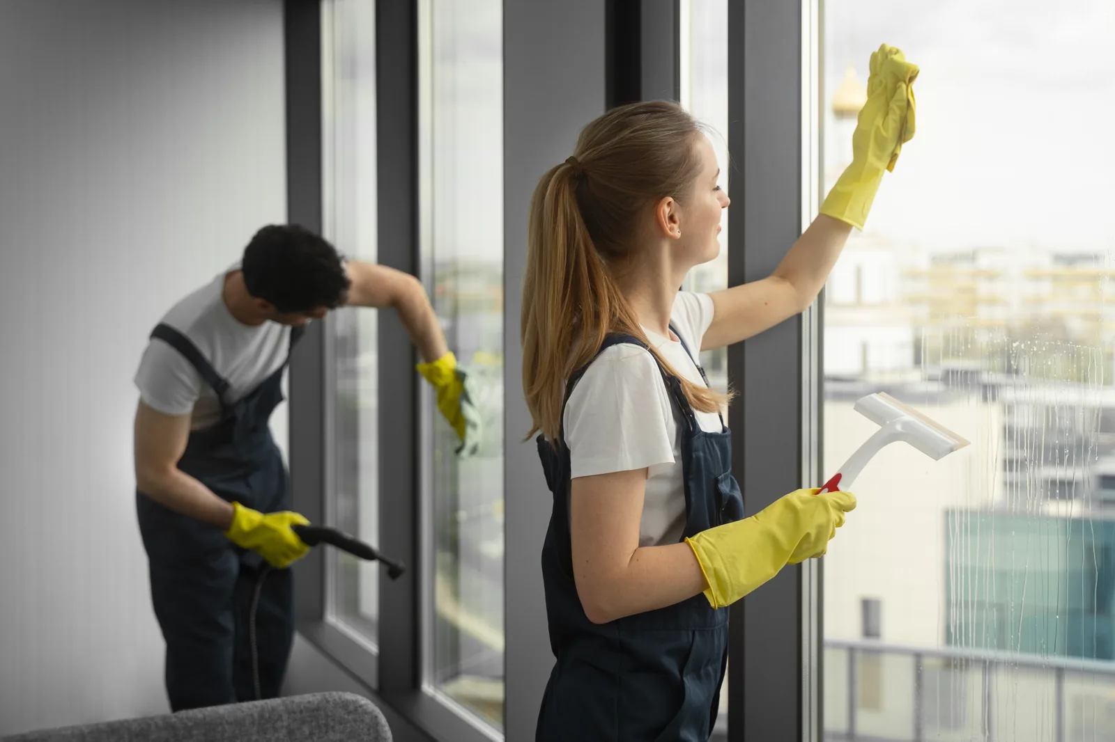 Équipe MAT Services nettoyant les vitres d'un bureau